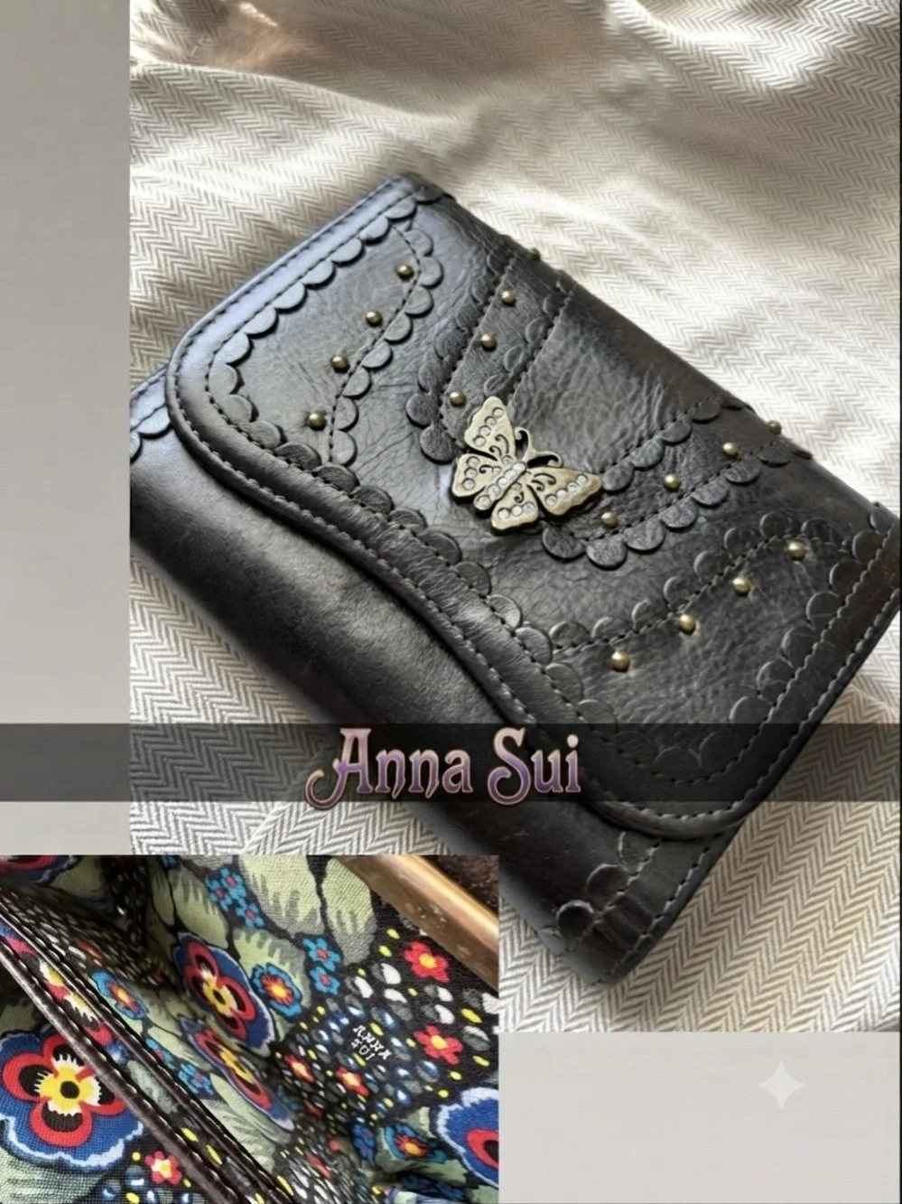 Anna Sui Black Scalloped Butterfly Stud Wallet-Near Mint- From Japan